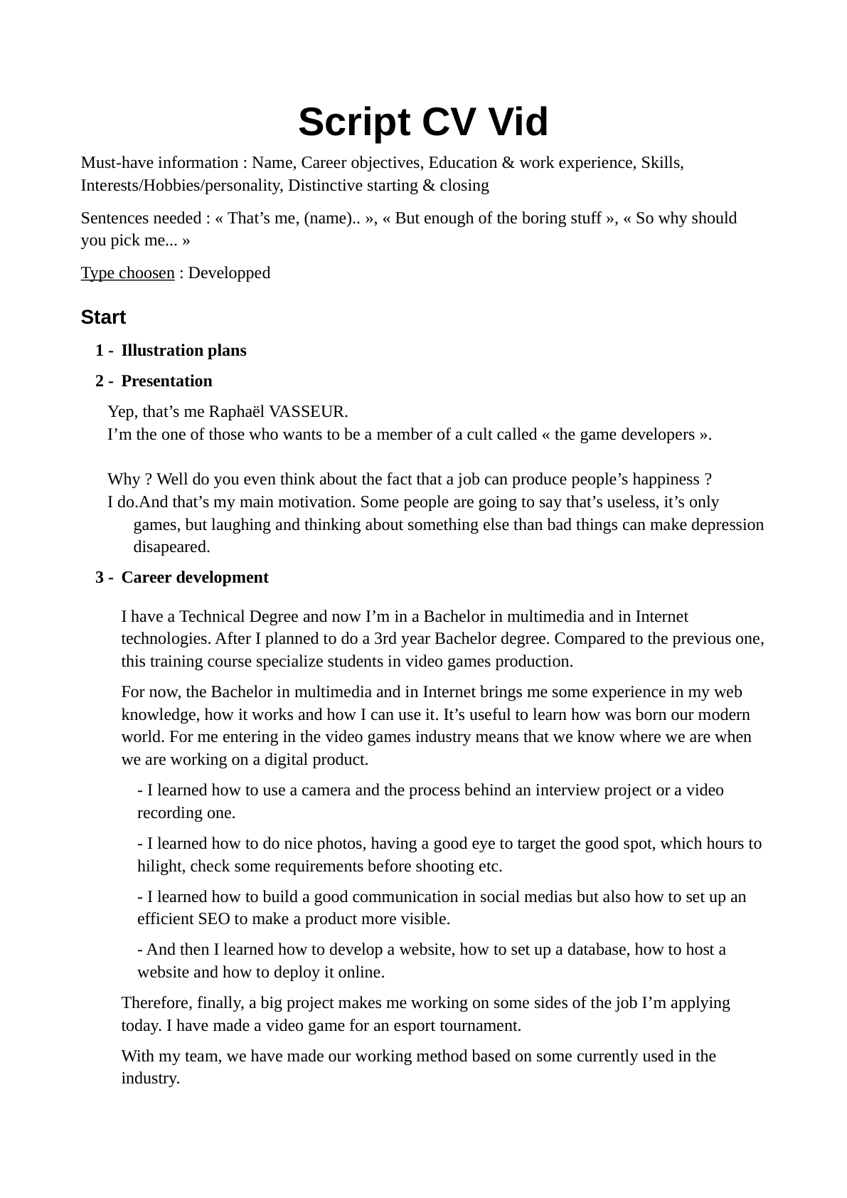 Script du CV vidéo en anglais