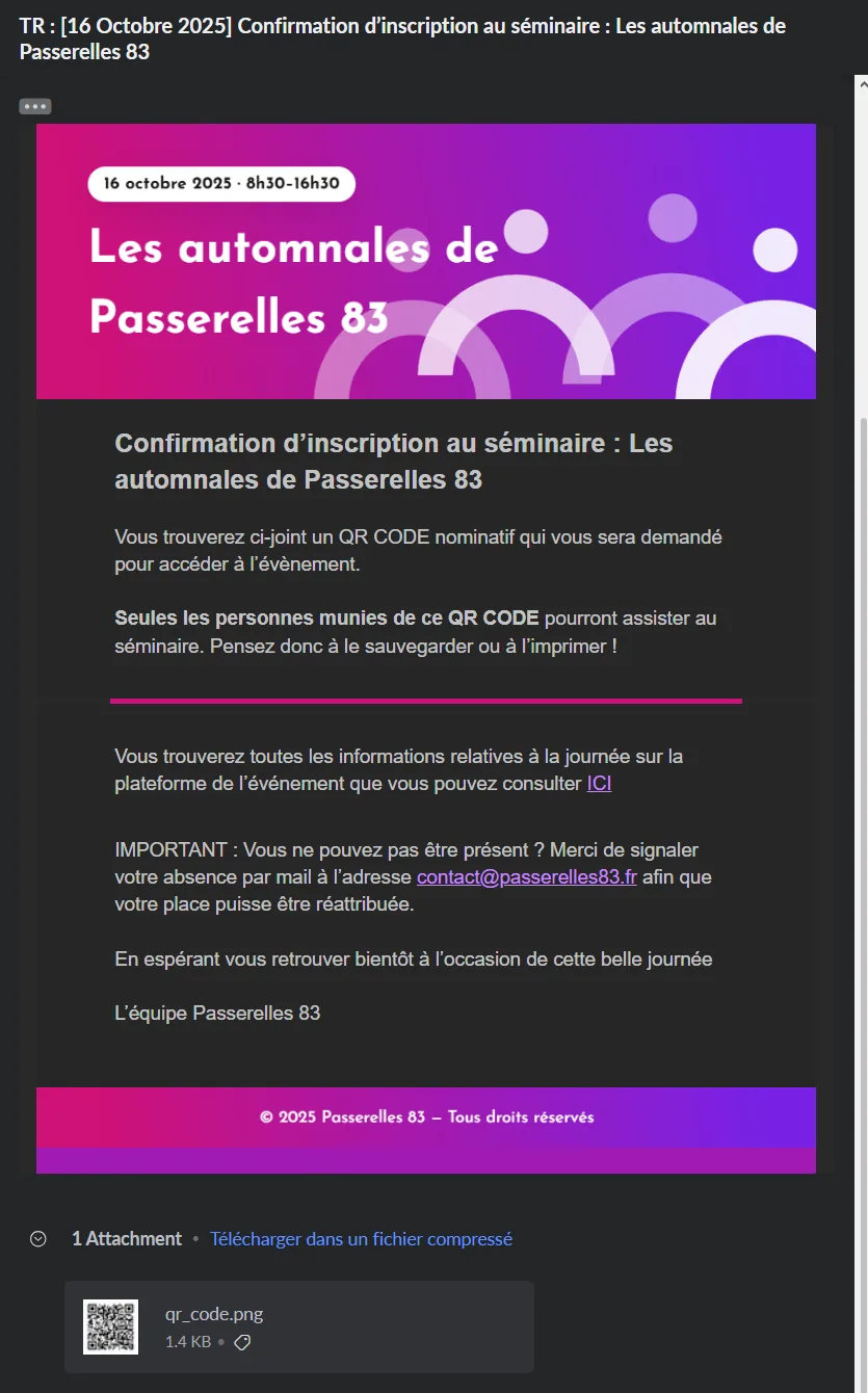 Template e-mail — confirmation d'inscription avec le QR code nominatif en pièce jointe