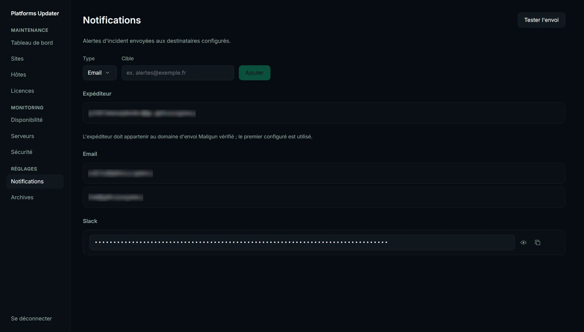 Notifications — destinataires e-mail et webhook Slack des alertes d'incident