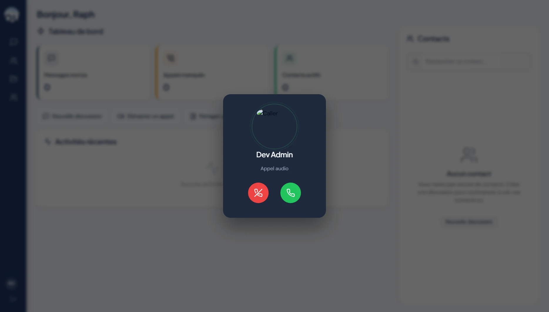 Appel entrant — modale de réception d'un appel audio